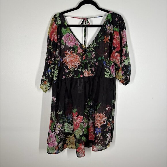 Johnny Was Womn XL Black Floral Cotton Silk Sheer Metalli Notte A-Line Dress NWT - Picture 13 of 14